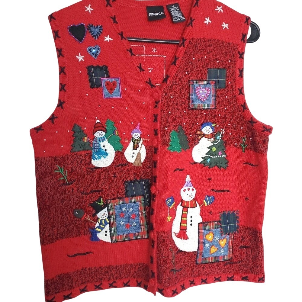 Ugly Christmas Sweater Vest Red Knit Snowman Winter Teacher Patchwork SZ:M‎